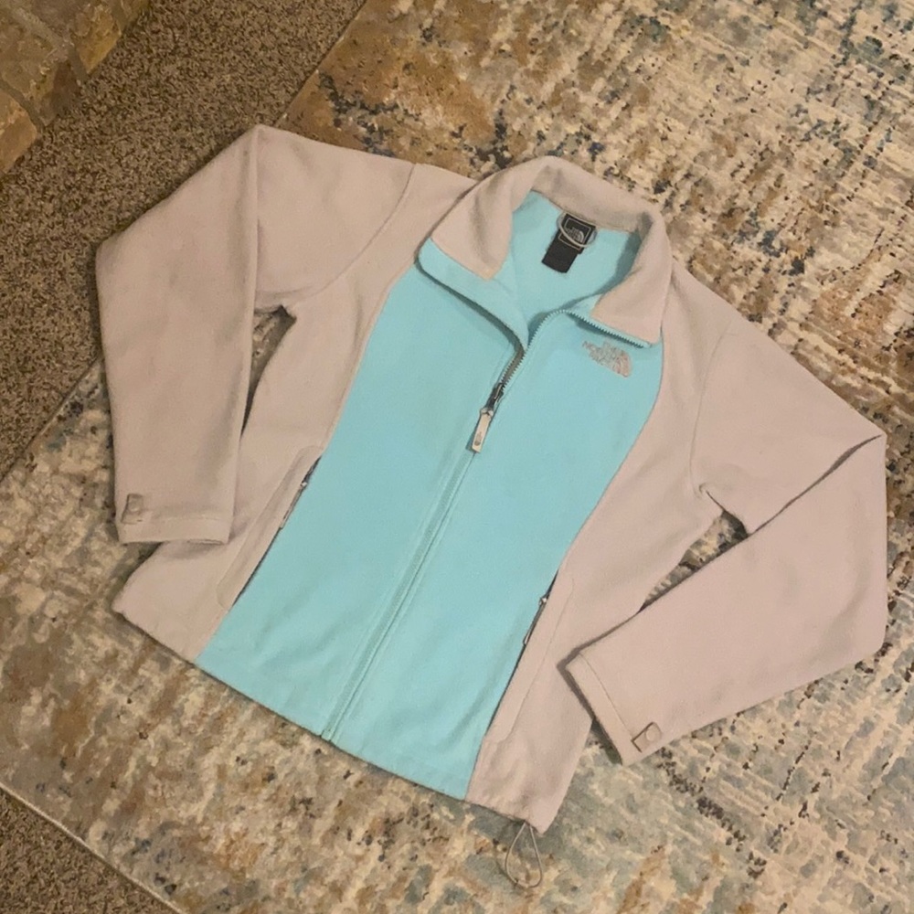 The North Face zip up fleece jacket two-toned grey & aqua blue